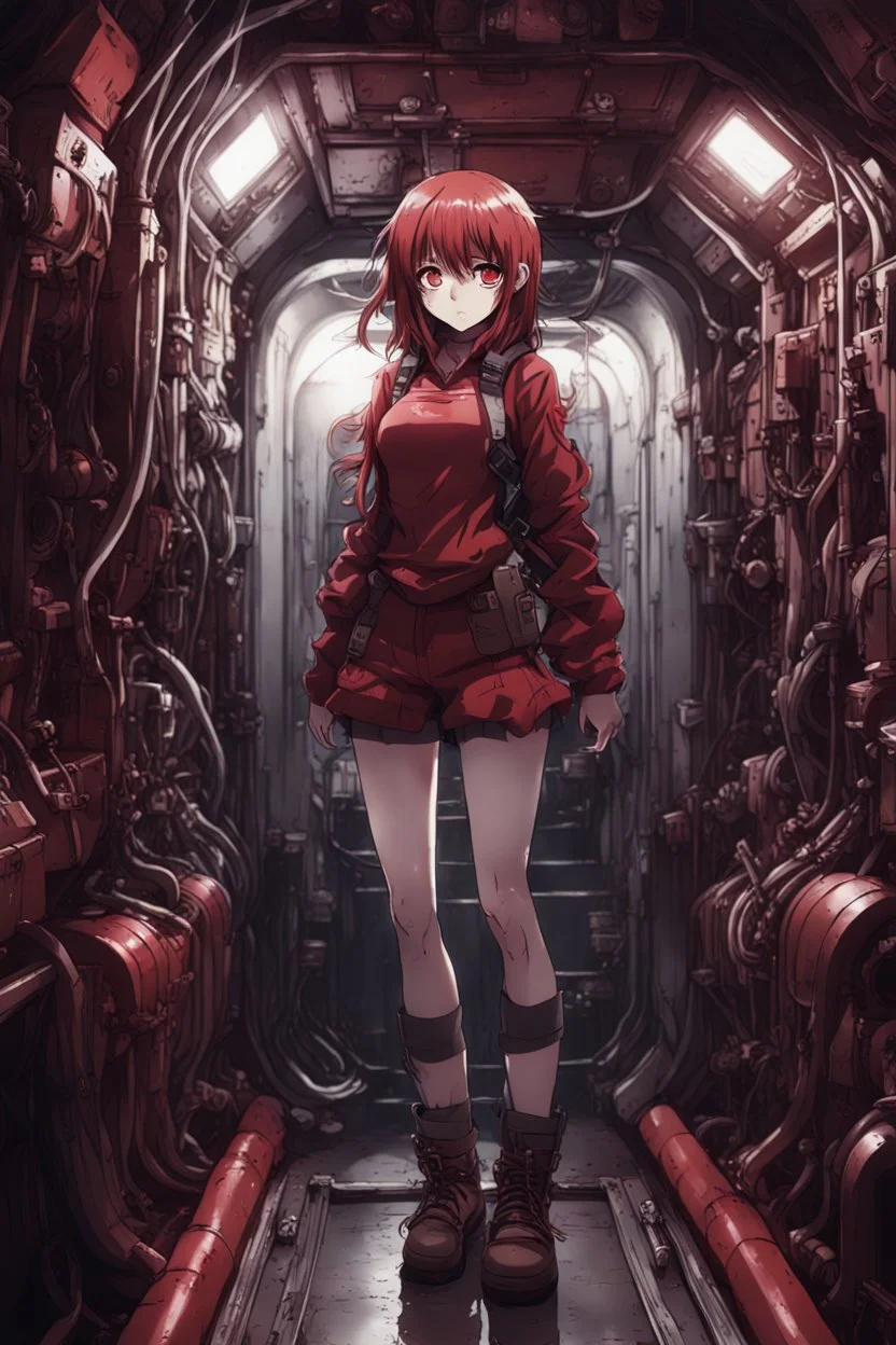 Anime girl crushed inside claustrophobic really in diesel engin room of the ship, fullbody, intricate, darkred tones, macro photography,