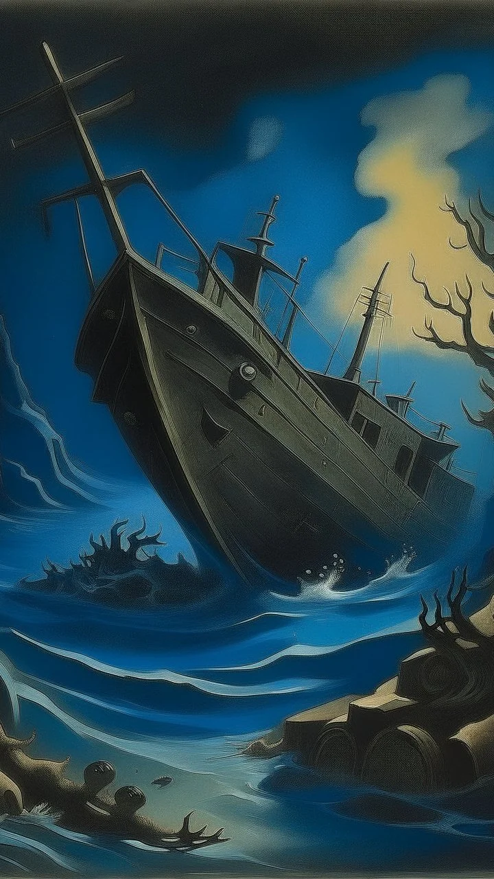 A dark blue underwater shipwreck painted by Thomas Hart Benton