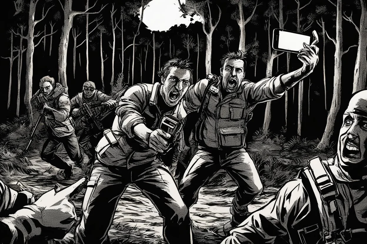 man taking a selfie while being chased by mercenaries in the woods at night