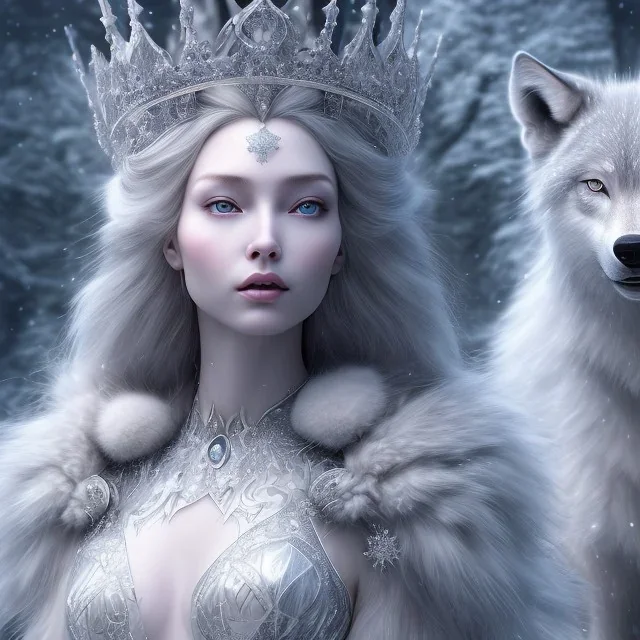 gorgeous goddess of ice and snow wearing a crystalline ice crown and standing next to a beautiful gray wolf, 8k resolution, high-quality, fine-detail, iridescent, intricate, digital art, detailed matte, volumetric lighting, beautiful, illustration, 3D octane render, margaret weiss, brian froud, howard lyon, selina french, anna dittmann, annie stokes, lisa parker, greg rutowski,