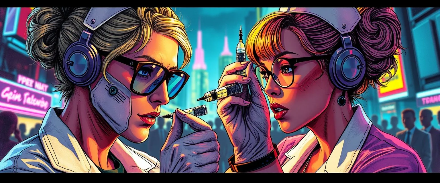 cyberpunk mega city fallout 4, airbrush and pen outline, A cinematic, high-end advertisement image for a fictional service called “Posh on Stage Symposium with Spice Girl Nurse Glam Fashion Party™”. Split-screen composition with two contrasting emotional states. Mad scientist getting injected.