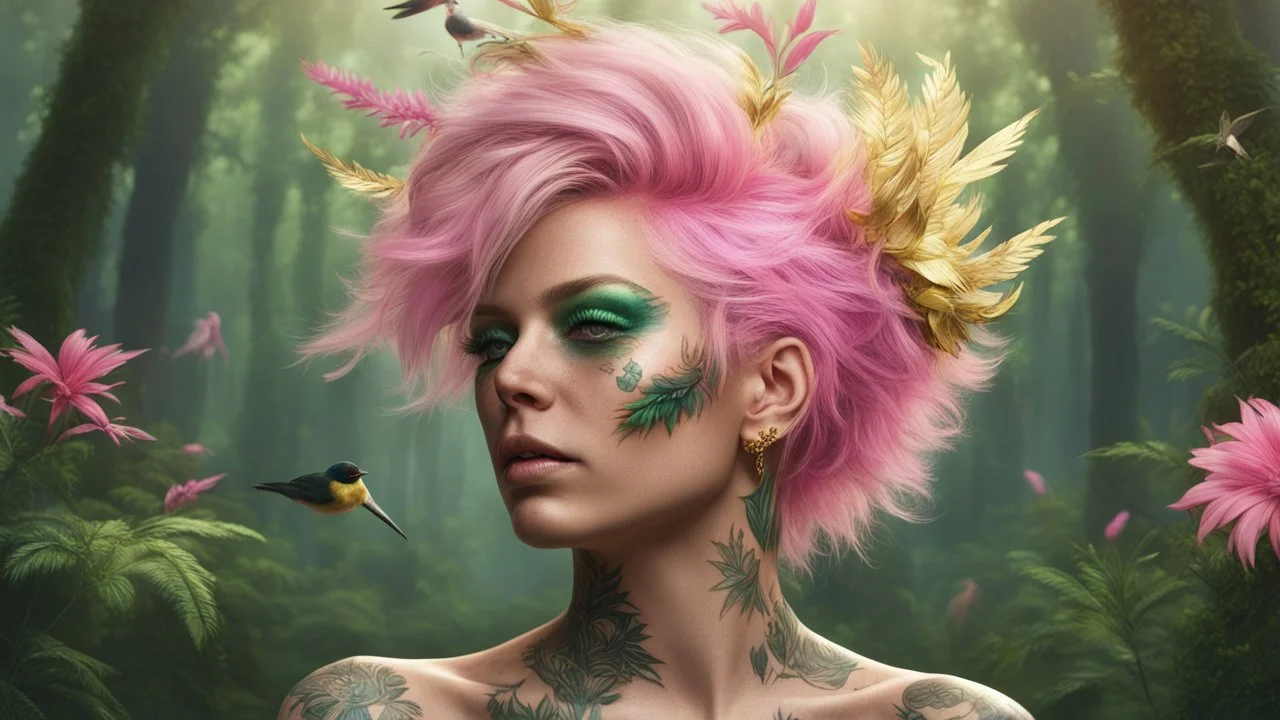 punk blonde 45 years old, forest on her head, pink plant hair, green plants, birds, golden makeup, tattoo, shiny aura, very detailed, fine rendering, high detail, high resolution, 8K