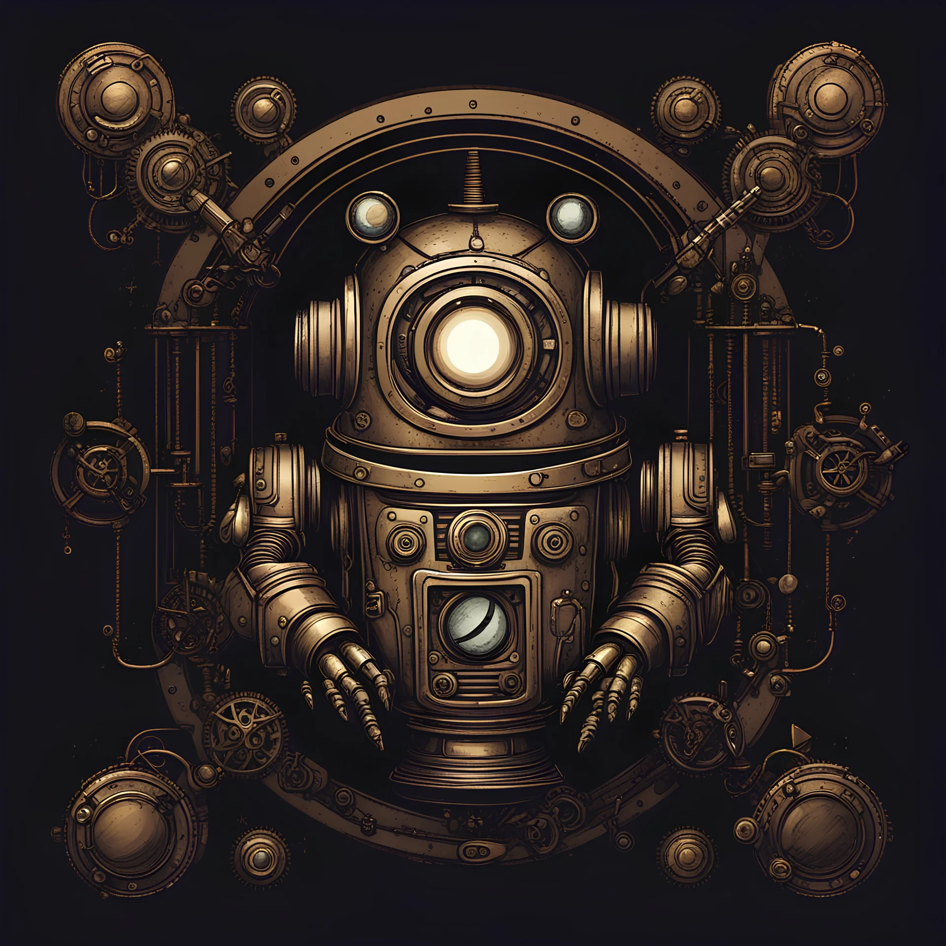 Derpy robot logo, steampunk, dark background, space for text