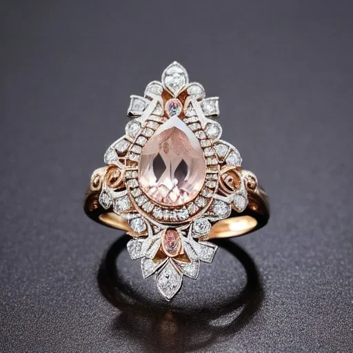 diamond and morganite ring, art noveau, filigree, floral, breathtaking, highly ornate, delicate, intricate, photorealistic, high fashion, fine jewellery, luxury, designer