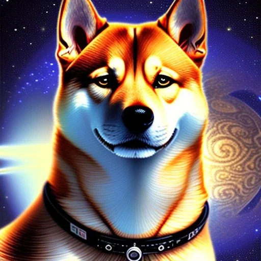 shiba inu gazing eyes, psychic ethereal orbs, in space