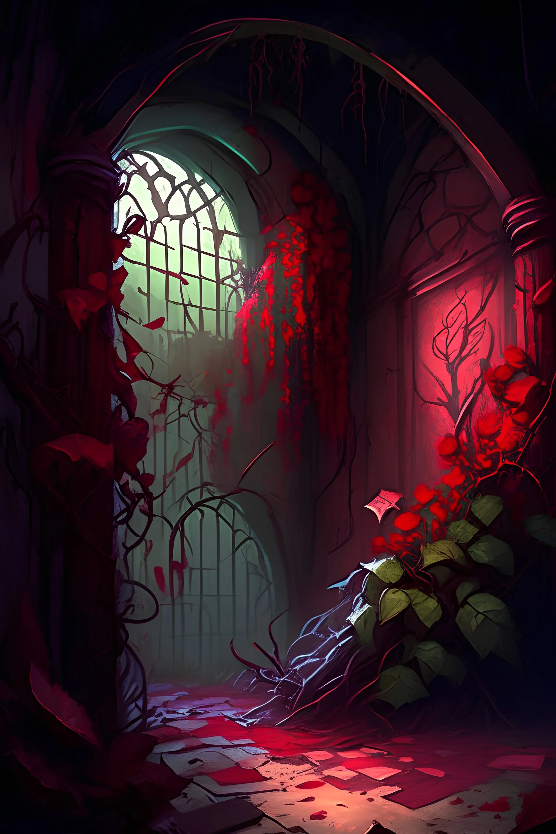 Abandonedteampunk dungeon room in overrun with vines and red flowers painterly fantasy rpg art