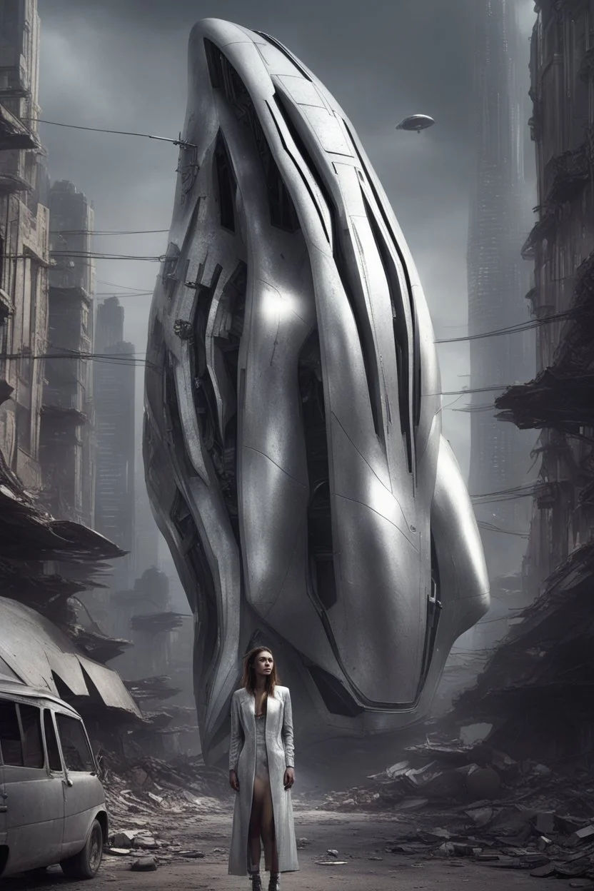 a photorealistic sleek, long, silver spaceship sitting in the street of a dystopian futuristic ruined alien city, with a woman in a silver suit, standing in front