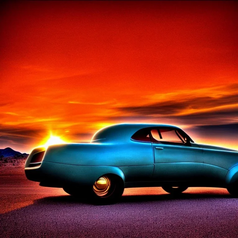 art deco, muscle car, desert road, sunset, full colour, hd,