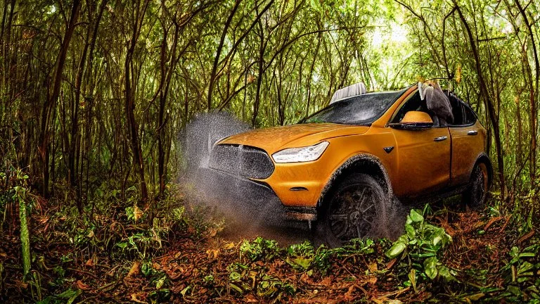 A Tesla's 'Model S Plaid' is doing donuts, in a jungle of the Jurassic Period. CINEMATIC. WIDE ANGLE LENS. PHOTO REAL.