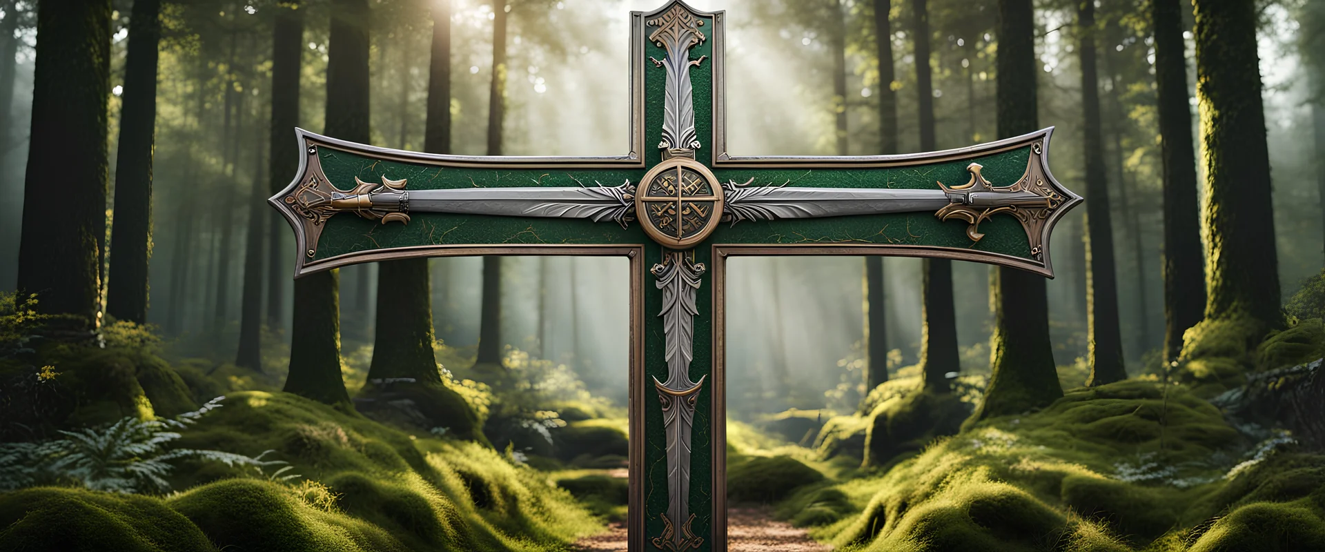 High-end state-of-the-art ancient aesthetics flawless, rugged,symmetrical heraldic emblem two sharpened swords crossing an epic cross, forest background, close-up shot, realistic, supreme cinematic-quality photography, steel walnut wood green armour, Art Nouveau-visuals,Vintage style Octane Render 3D technology,hyperrealism photography,(UHD) high-quality cinematic character render,Insanely detailed close-ups capturing beautiful complexity,Hyperdetailed,Intricate, 8k