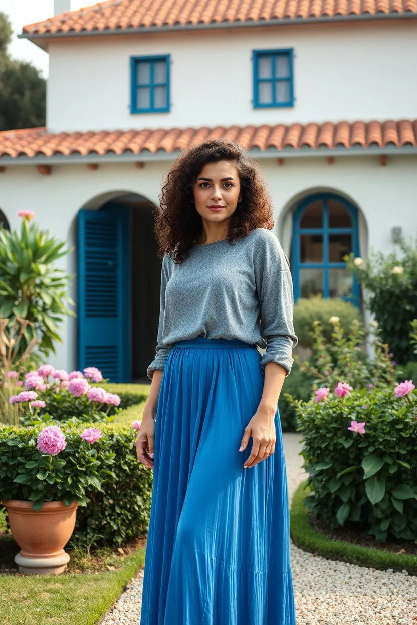 create a video of beautiful lady curvy hair standing in a pretty villa garden wearing blue skirt and gray blouse