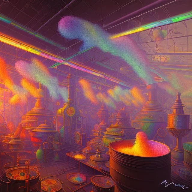 inside factory of colors. smoke rises from multi-colored glassware. color swatches in the background. hyperdetailed, warm colors, detailed painting, photorelistic, oil on canvas, light dust, futuristic. volumetric lighting