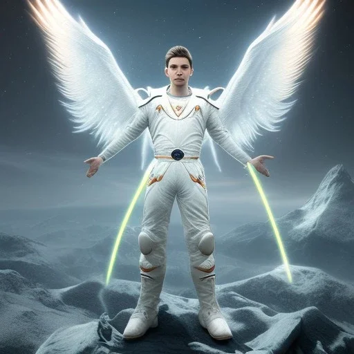 The first image is of the main character's full body. He’s to look like a powerful angel, symbols on his hands glowing, His background should be that of space above with stars and standing on a paradise of a planet. His belt can transform into a white dragon.