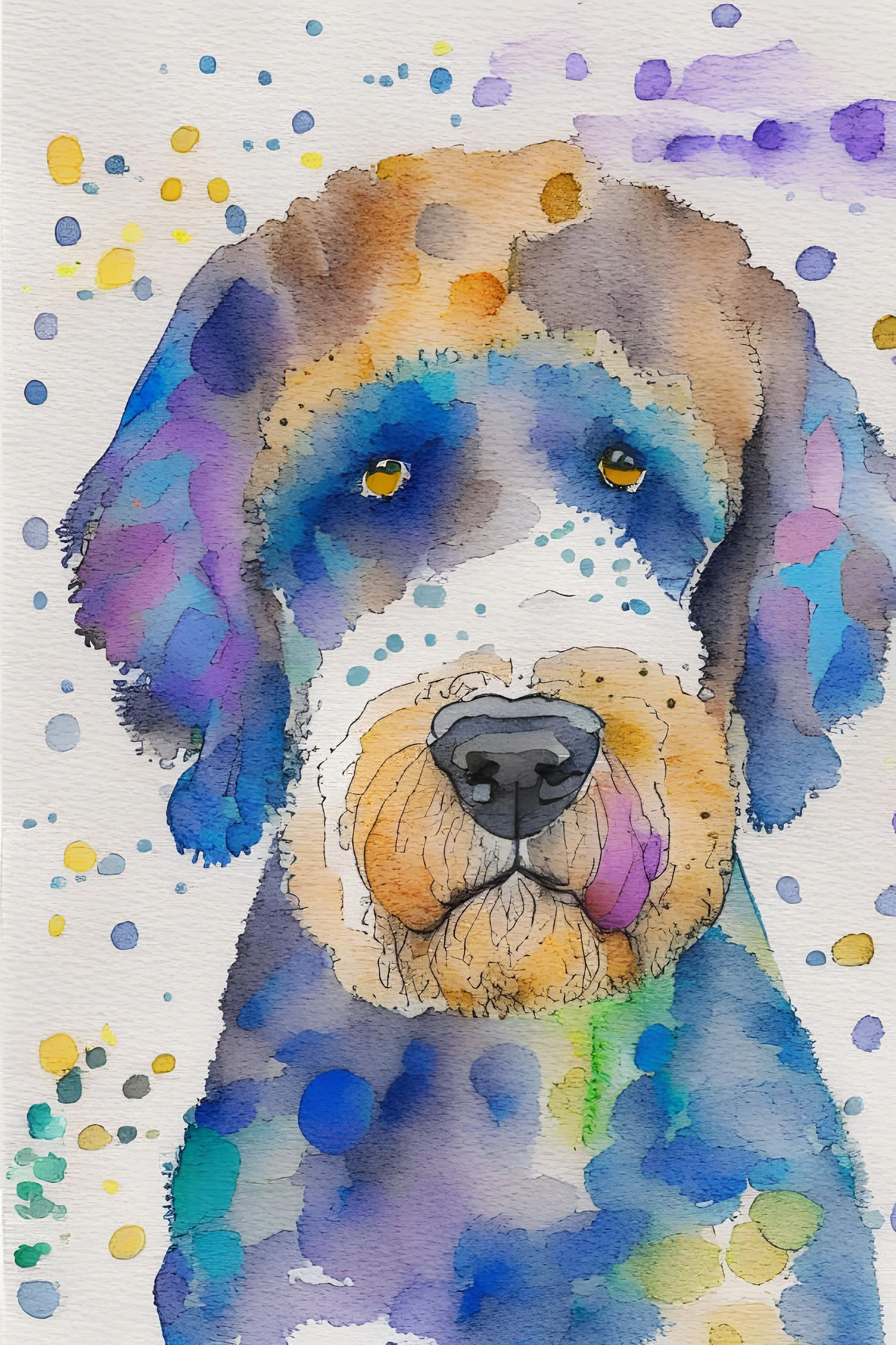 abstract watercolour of the head of bernadoodle dog in the style of paul klee with circles of colour and sketchy thin inky lines