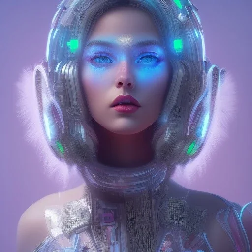 A beautiful portrait of a cute cyberpunk woman long blond hair, pink lips, blue eyes, high key lighting, volumetric light high details with luminous blue and white stripes and feathers