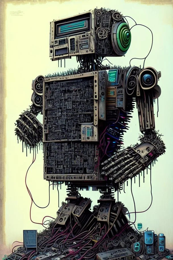 Artwork entitled "words violate guidelines"; depicts a robot composed of old computer and electronic parts starting back up and emitting vibration; lowbrow; old-school 1990's electronics; neo-surrealism.