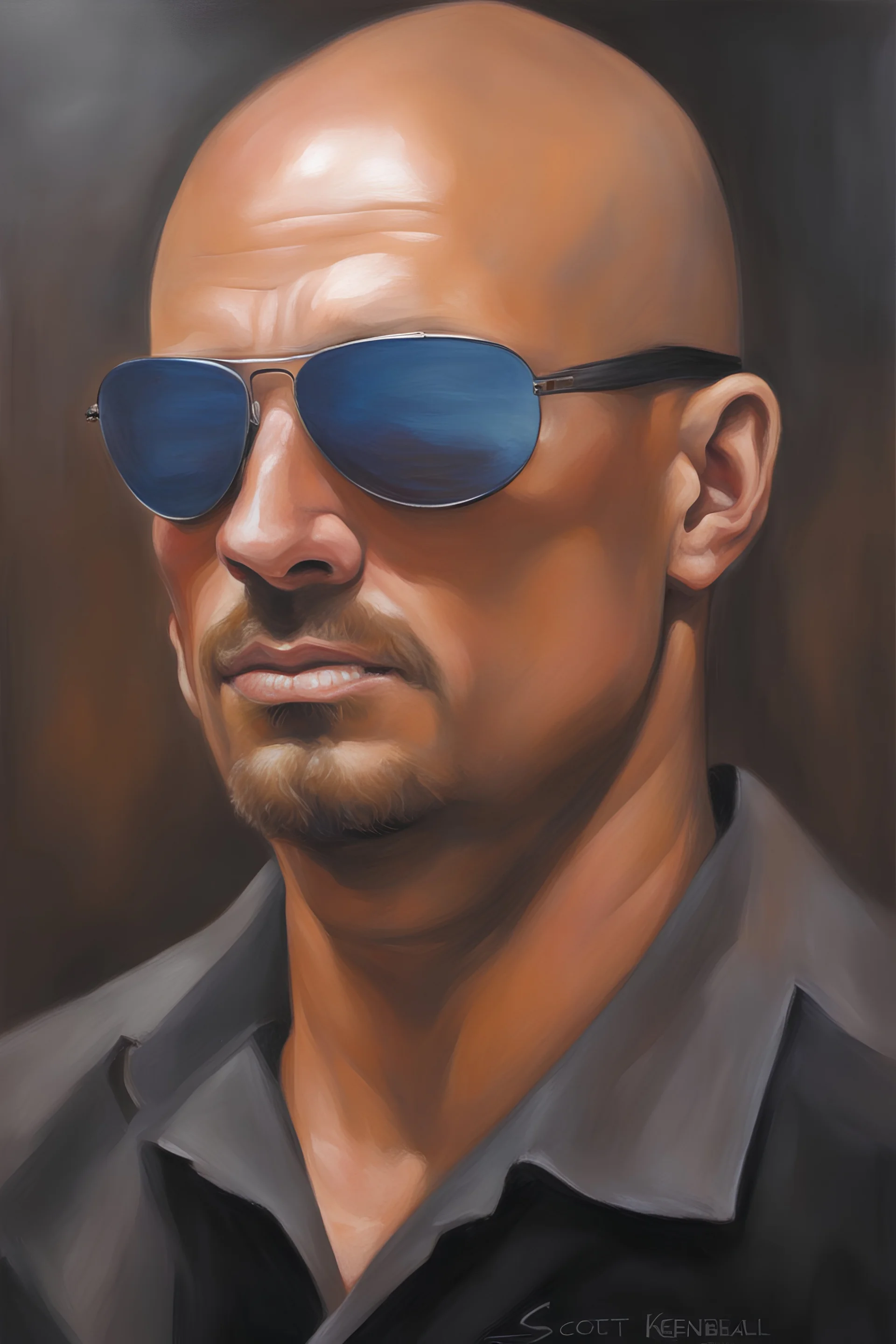 full color facial Portrait of action hero John Little - oil painting by Scott Kendall