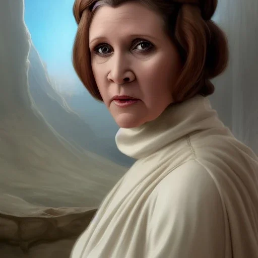 [[extrem stunning photorealistic Carrie Fisher as Princess Leia]] :: [[photorealistic brown eyes, short hair, head and shoulders portrait, 8k resolution photorealistic portrait by Greg Rutkowski, Artgerm, WLOP, Alphonse Mucha, dynamic lighting, hyperdetailed, intricately detailed, triadic colors]]