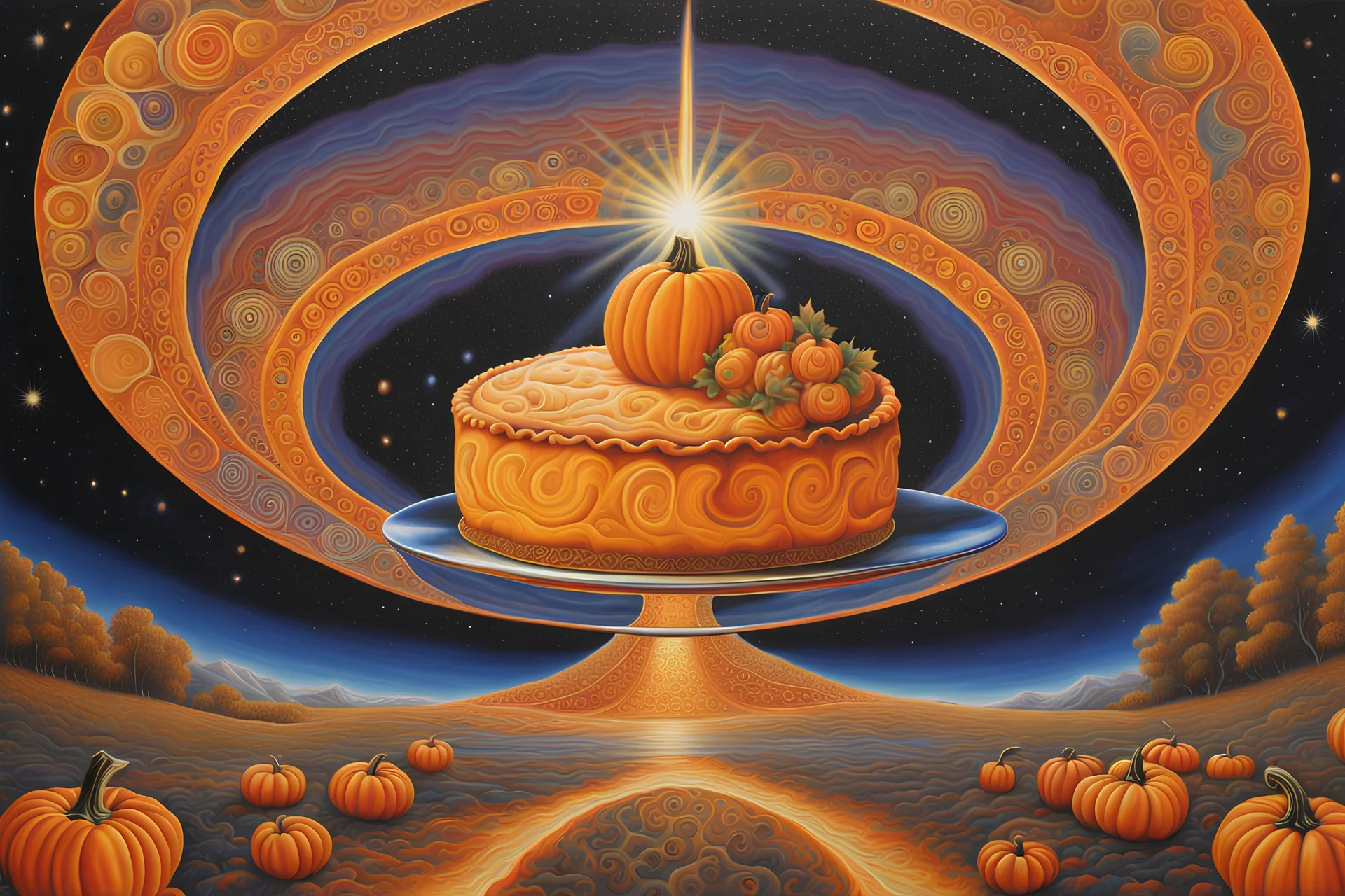 cosmic pumpkin pie in space with swirling fractals alex grey