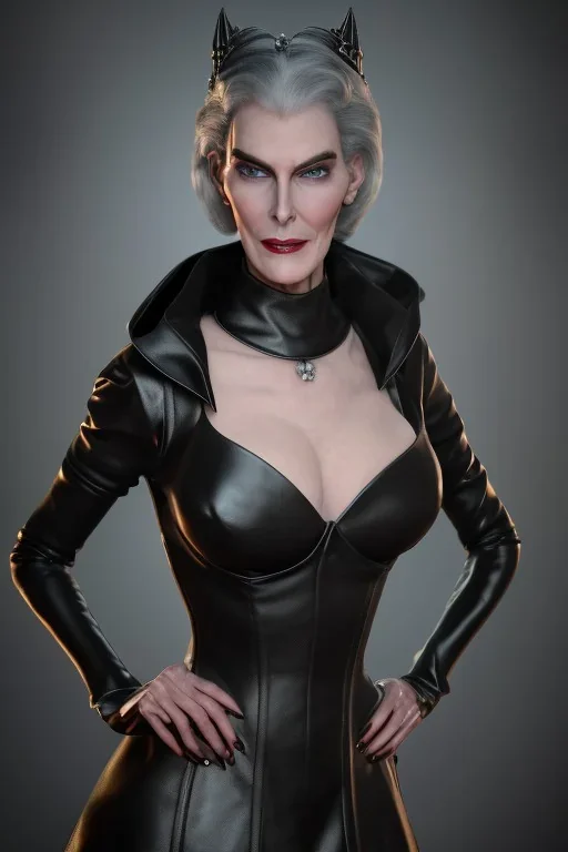 Carmen Dell`orifice as evil queen in black leather gown, angry, busty, curvey, cleavage, unreal 5, octane render,cinema4d, dynamic lighting, dramatic lighting, 4k, redshift render, highly detailed, hyper realistic