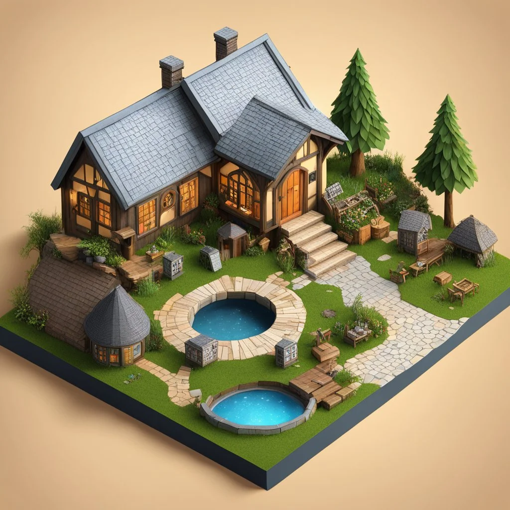 a Detailed Model of diagrams and instructions for creating digital paper houses. A detailed isometric digital illustration. The central focus is a miniature, intricately detailed Miniature village Shire hobbit hole style house