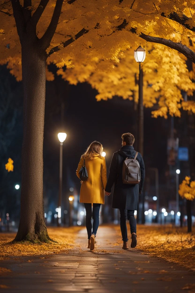 night yellow lights over the street trees autumn leaves under feet ,a Student adult girl with books in her hand walking in street looking to camera a boy walks after she few meters away her back