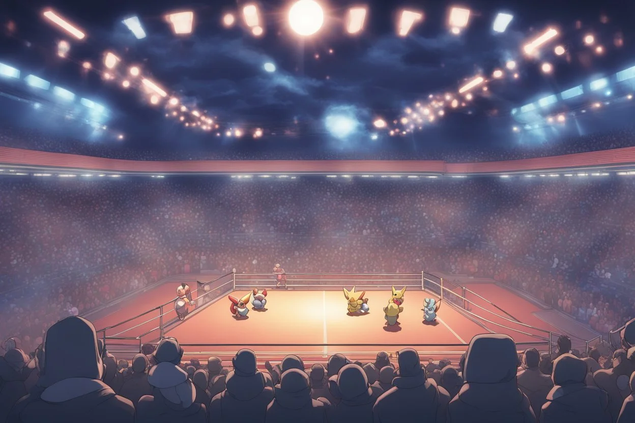 a Pokémon wrestling stadium with many lights and a big crowd, cell shading