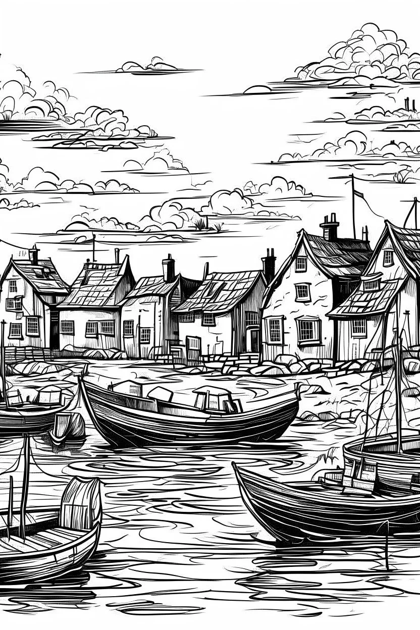 English fishing village blotchy ink minimalist loose outline sketch thin lines