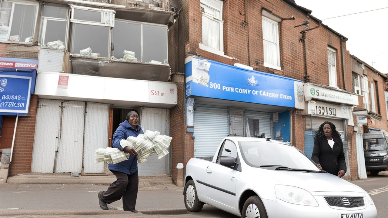 woman hands the bundles of cash her mobile phone provider's located across the street from a high crime area