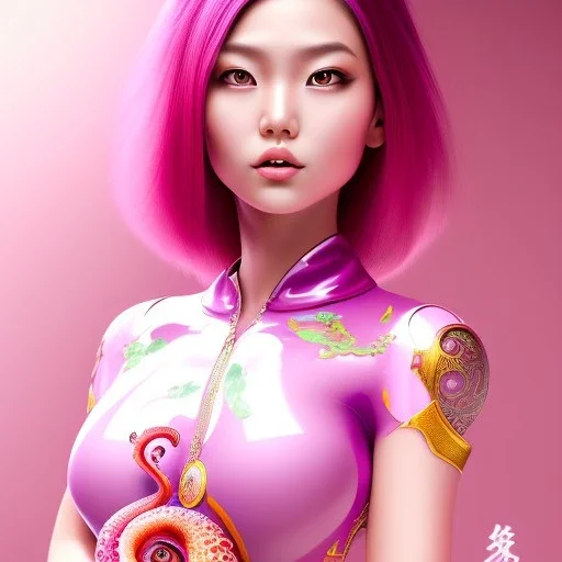  Asian woman, leaning pose, slobbe octopus , pink short hair, latex suit, full body, squid, intricate detail , portrait, high lighting, Gradient background,