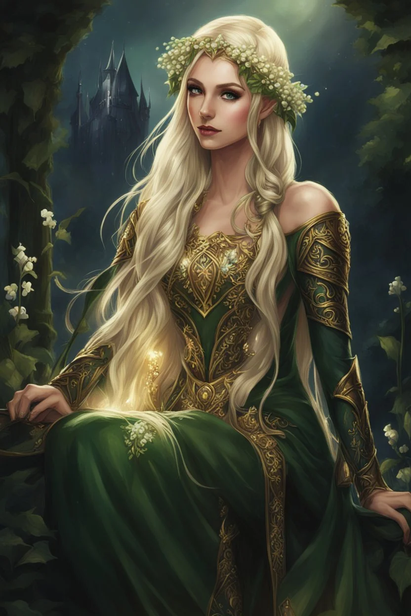 Dark green hair,Rapunzel hair,golden armor,night,sparkle,lily of the valley,ivy,elven warrior,elven ears,burgundy,green,gold,elven crown,extremely long hair