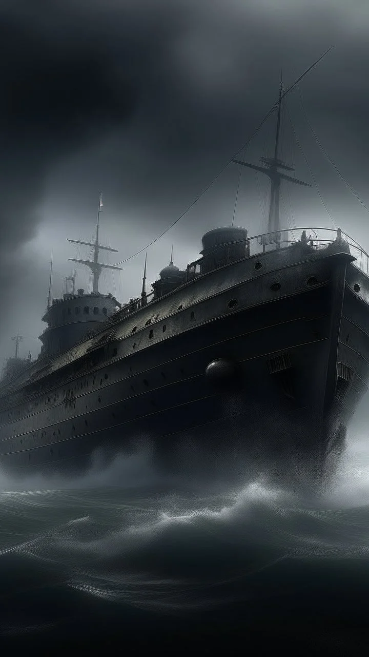 ,surrealism of the dark of a nightmare , hyper photorealistic, hyper detailed gray art color, high resolution, fog, octane render, tilt shift, HDRI Environment, all pictures dark gray, a torpedo hitting a ship