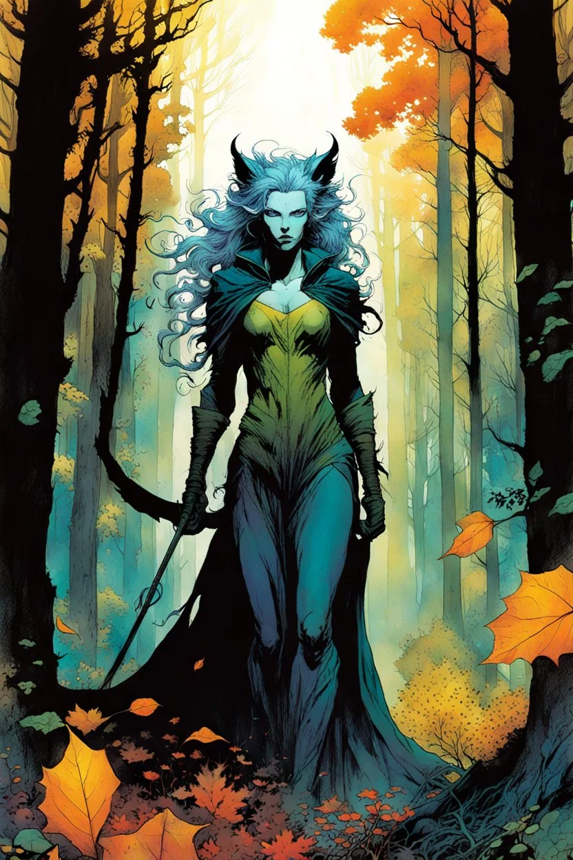 create a wildly conceptual full body print illustration of a feral mage with highly detailed hair and feminine facial features, in an ethereal, otherworldly ,ancient autumn forest , in the comic book art style of Bill Sienkiewicz, Mike Mignola, Sparth, and Jean Giraud Moebius, finely drawn, colored, and inked, suffused with dramatic natural light and shadow of sunset