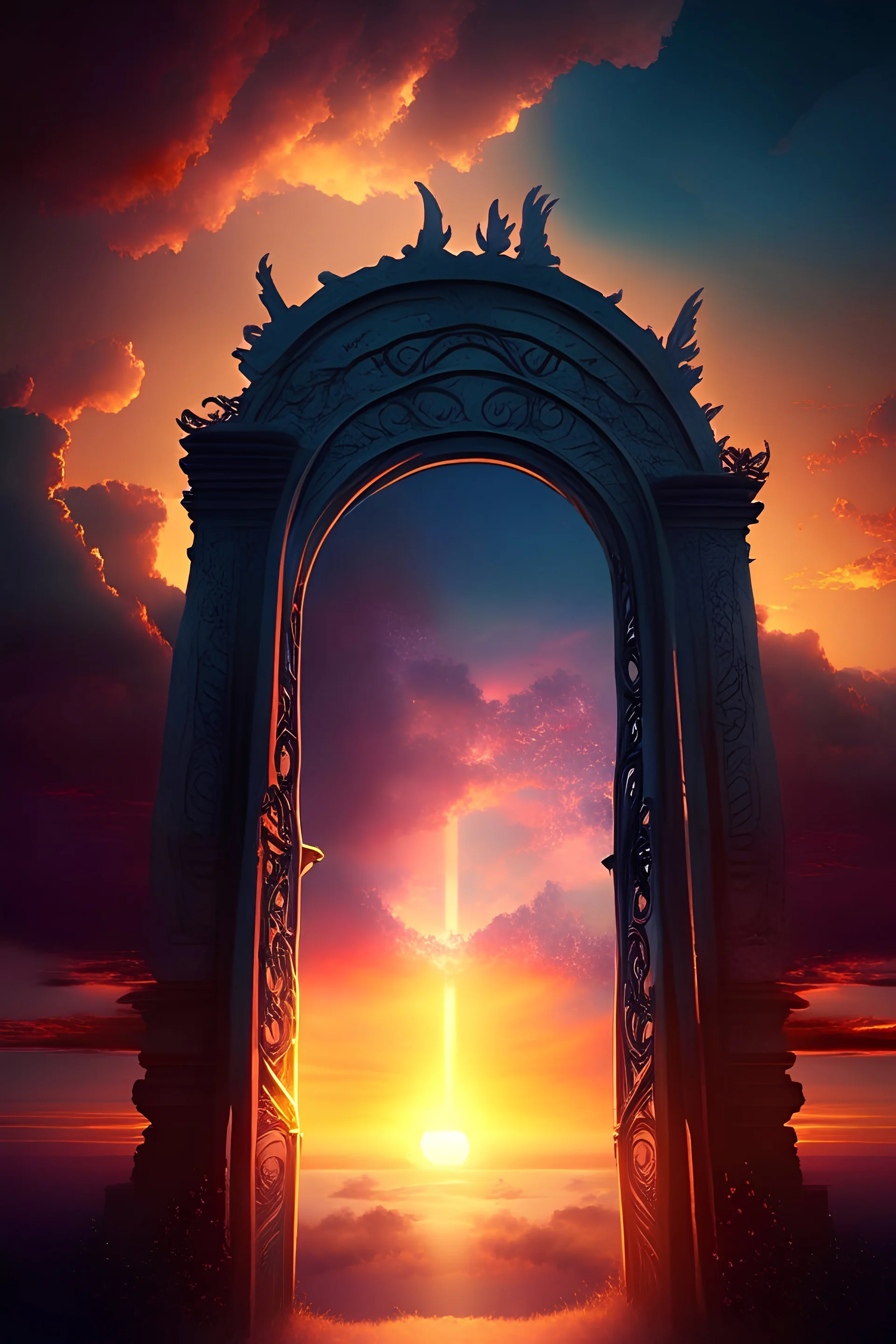 Fantasy gate opening to a sunset sky