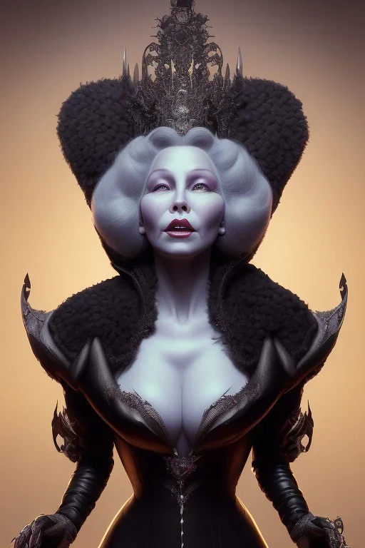 Mae West as evil queen in black leather, leather, busty, cleavage, angry, stern look. character design by cory loftis, fenghua zhong, ryohei hase, ismail inceoglu and ruan jia. unreal engine 5, artistic lighting, highly detailed, photorealistic, fantasy