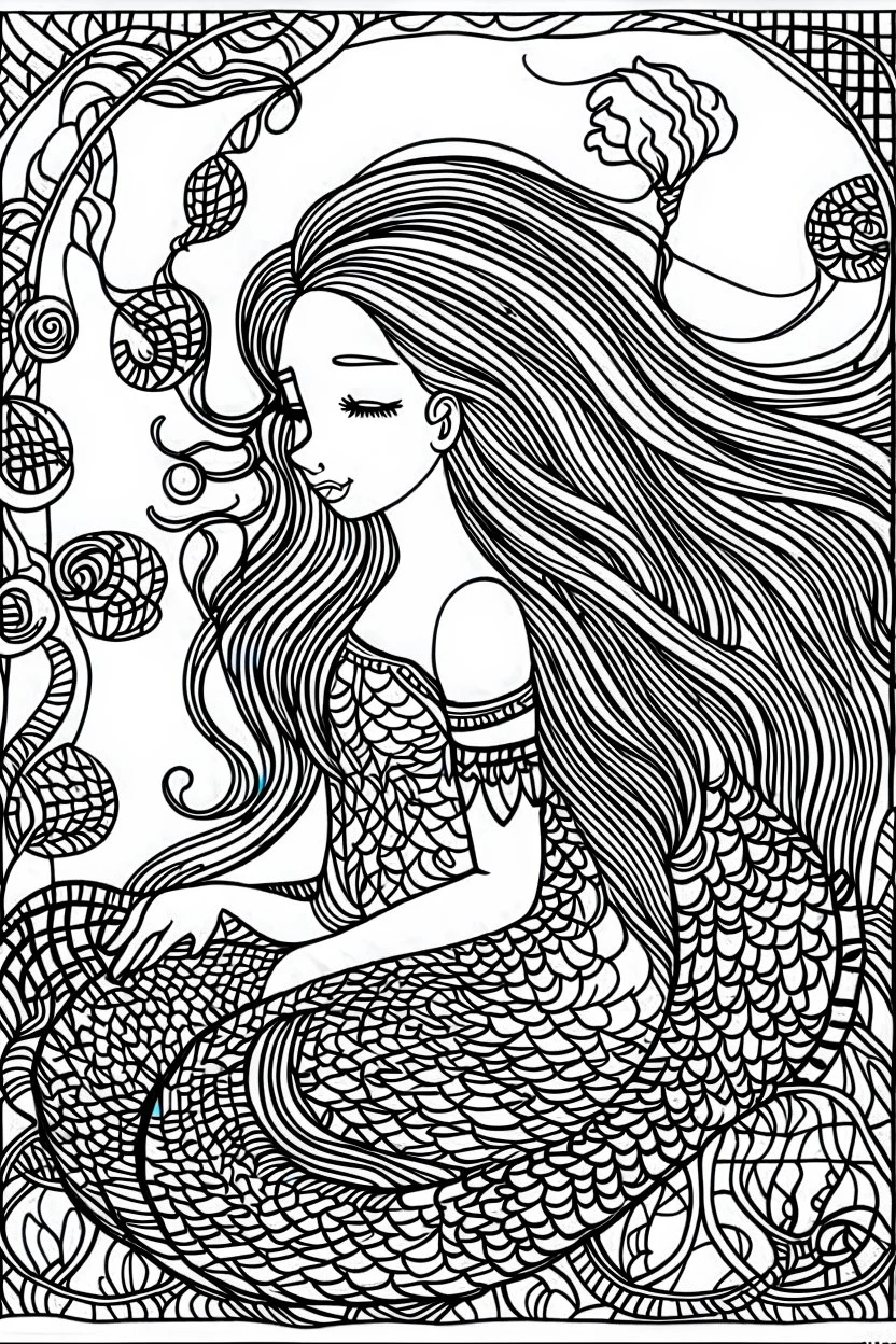 This captivating and delightful black line drawing is perfect for young artists. It features a charming and enchanting mermaid, waiting to be brought to life with colors by a 6-year-old child. The thick and bold outlines make it easy for little hands to color within the lines, fostering creativity and imagination. The mermaid is the centerpiece of the image, with her flowing hair, graceful tail, and a joyful expression on her face. The full undersea background adds depth and excitement to the s