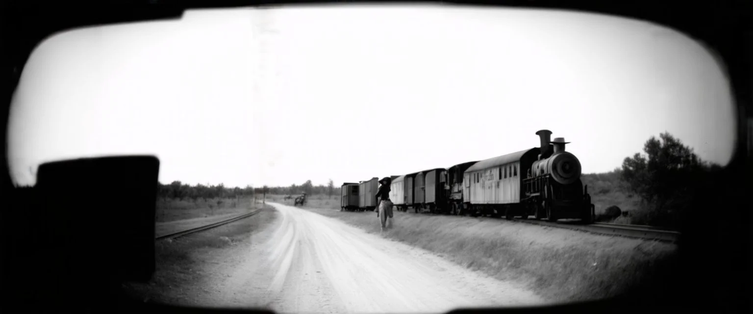 old western railroad, grayscale, antique pinhole photo