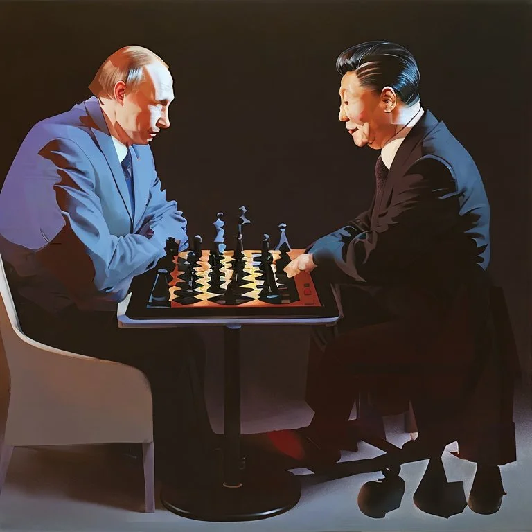 Putin, President Xi Of China And Joe Biden Play Chess between lights and shadow With A Pigeon,And Atomic Bomb Mushroom Cloud,Complex Surgical Instruments Intermixed With A Newborn Boy,Minimalism,Painting By Adrian Ghenie,Rene Magritte,Pablo Picasso,Michelangelo,Salvador Dali,Lucian Freud