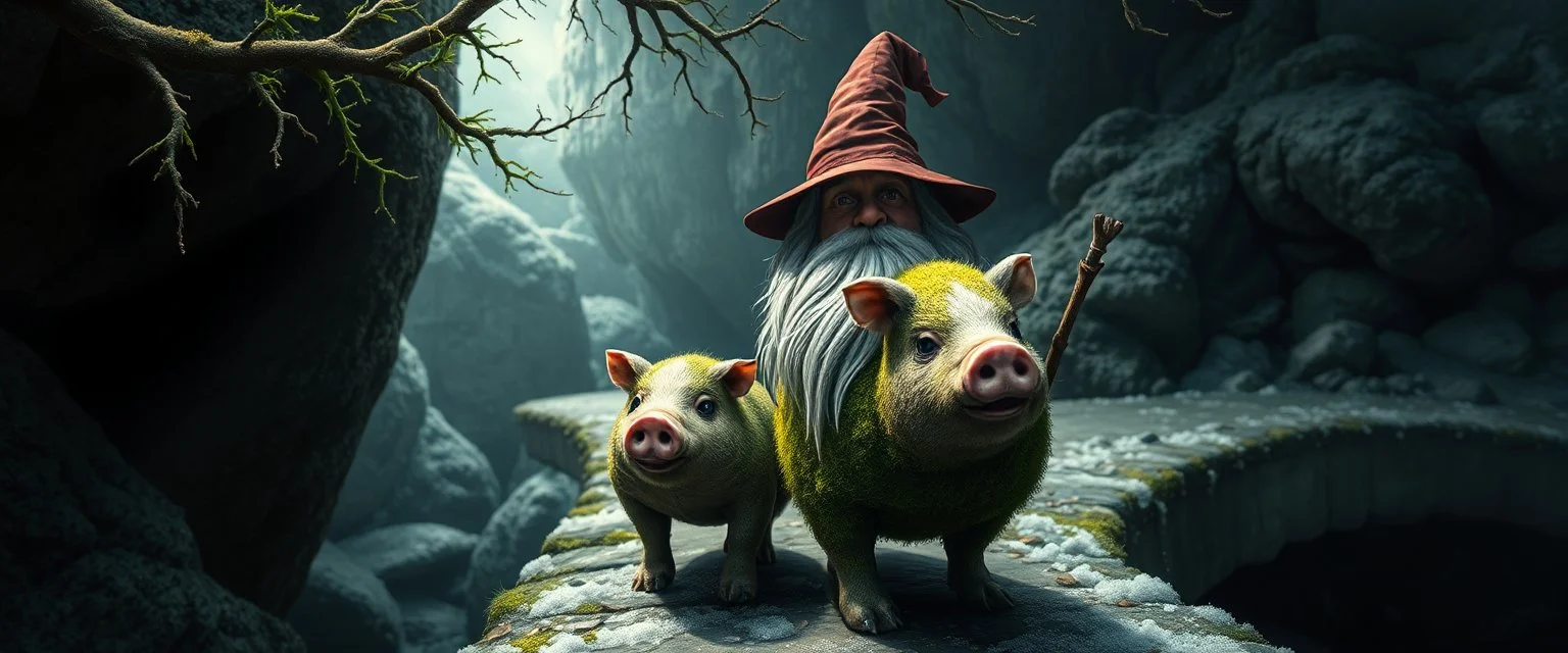 close up portrait of wizard and moss pig on the bridge, Beneath the frozen boughs he strode, Where glassy frost did bite the road. The bridge did arch o’er shadowed flood, And whispering waters ran like blood. Each step a ghost, each breath a flame, The cavern shivered at his name. *(Verse II)* From corner dark, a rustle, a squeak, A nimble shadow, clever and meek. Its eyes did glimmer with childish guile, Yet laughter edged with malice vile. This creature small, yet fearsome bound, The