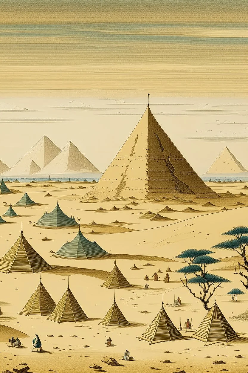 A tan sandy desert with magnetic pyramids painted by Utagawa Hiroshige