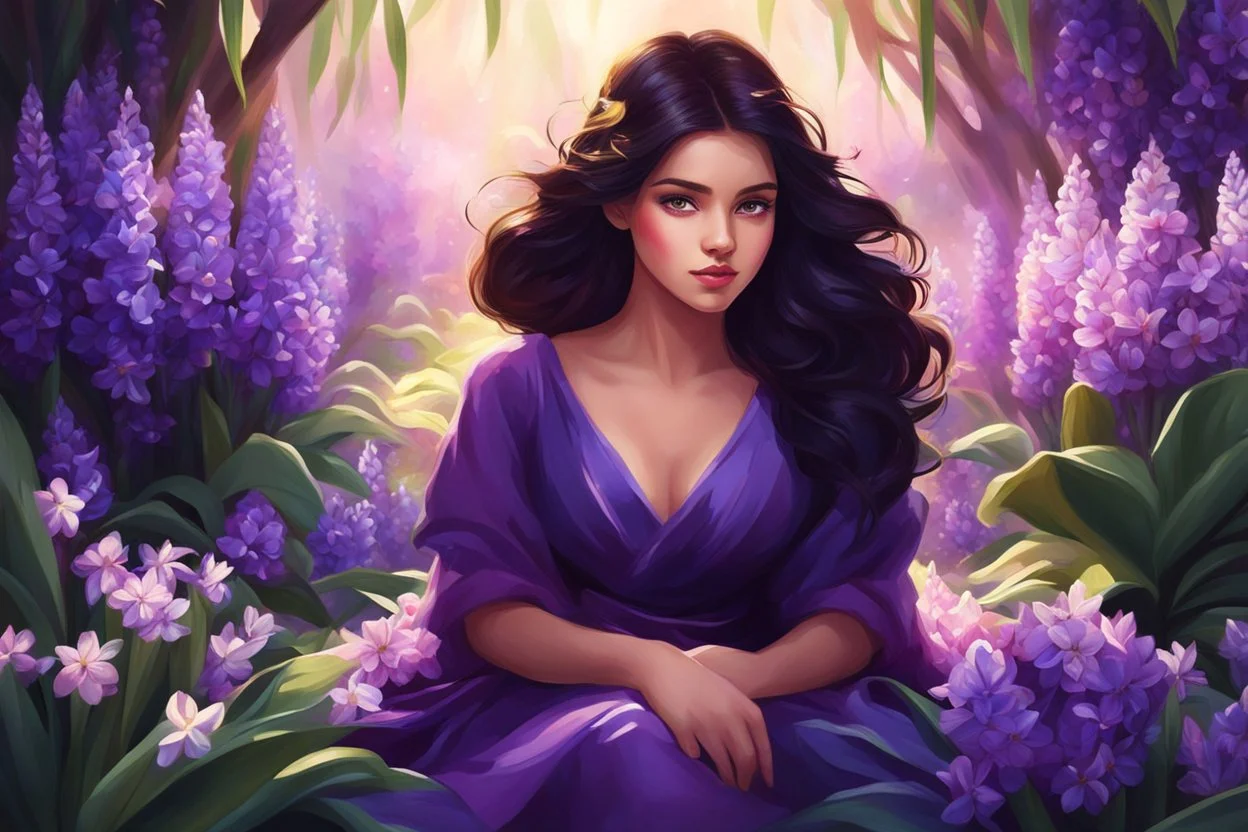 A beautiful girl is sitting surrounded by full of hyacinth flowers, dark hair, shining eyes, digital painting style, high quality, 4k