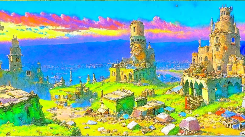 Destroyed City, medieval ruins, debris, stone, breched, brocken, Perspektiv from the sky, by Jean-Baptiste Monge, Ivan Bilibin, Albert Bierstadt, Reza Badrossama, watercolor, intricate details, fantasy, beautiful, oil on canvas, award winning, imperial colours, fantastic view, radient colours, very attractive, crisp quality