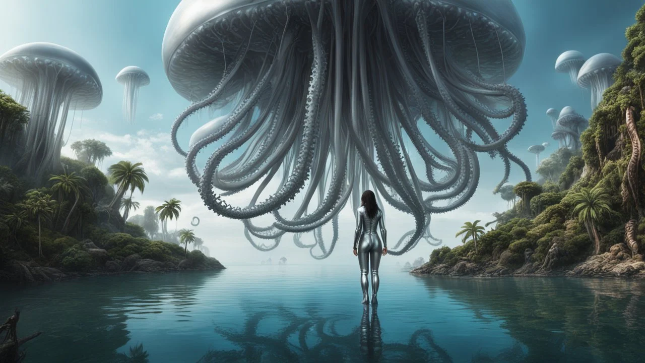 Detailed matte painting of a wide-angle shot of a woman, standing on the left side of the shot, with dark hair in a silver robotic catsuit, many large floating jellyfish with octopus tentacles, alien jungle trees in the distance, with an alien beach and lake