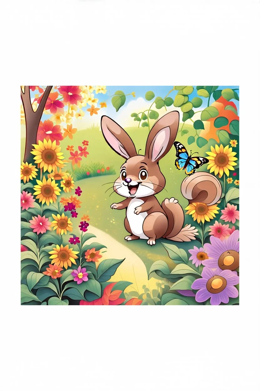 The cute bunny excitedly looks at a bright yellow sunflower in the colorful garden, the beautiful butterfly and friendly brown squirrel are smiling, child book illustration style, faces must be the same as reference image