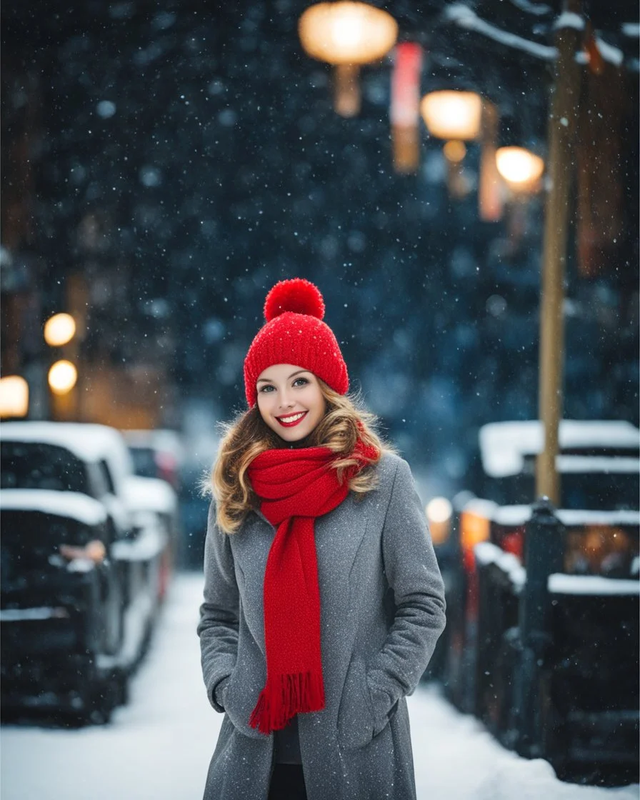 Cute girl in red hat and scarf, snowfall in the background, night