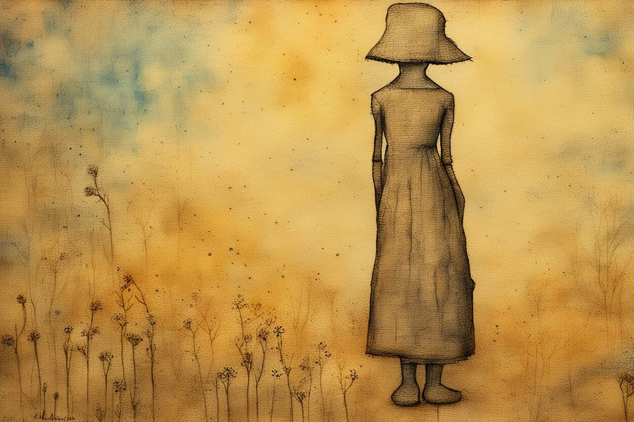 painted and burned burlap, forget-me-not woman, styles of Paul Klee Dee Nickerson and Tim Burton, melting watercolor and black ink outlines on wet paper, soft, shading strokes, in sunshine, ethereal, otherwordly, cinematic postprocessing, bokeh, dof