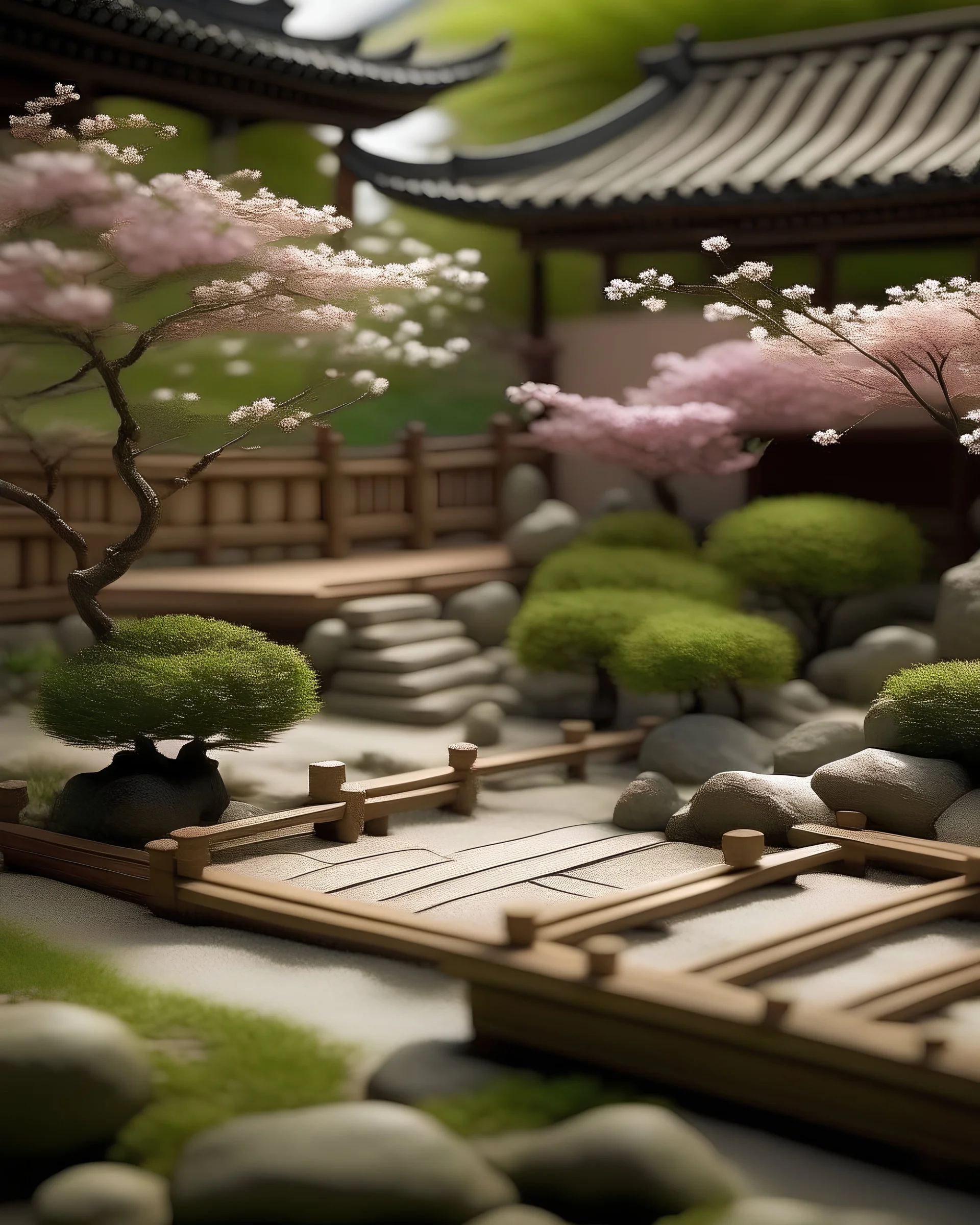 A serene Japanese Zen garden, meticulously raked gravel, a single cherry blossom tree in bloom, the garden surrounded by wooden structures, creating a tranquil and contemplative environment, Sculpture, intricate miniature diorama, --ar 1:1 --v 5