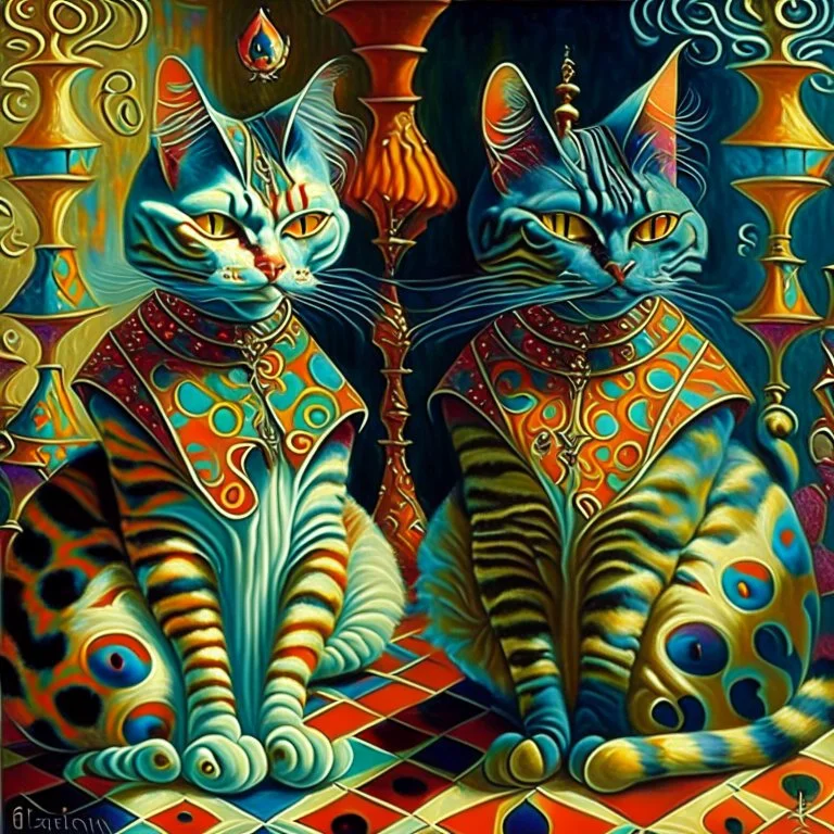 prompt, Fantasy harlequin cats by Louis Wain, by Catherine Abel, by Gediminas Pranckevicius, fantasy, oil on canvas, beautiful, high details, ultra detailed, crisp quality, colourful, high definition