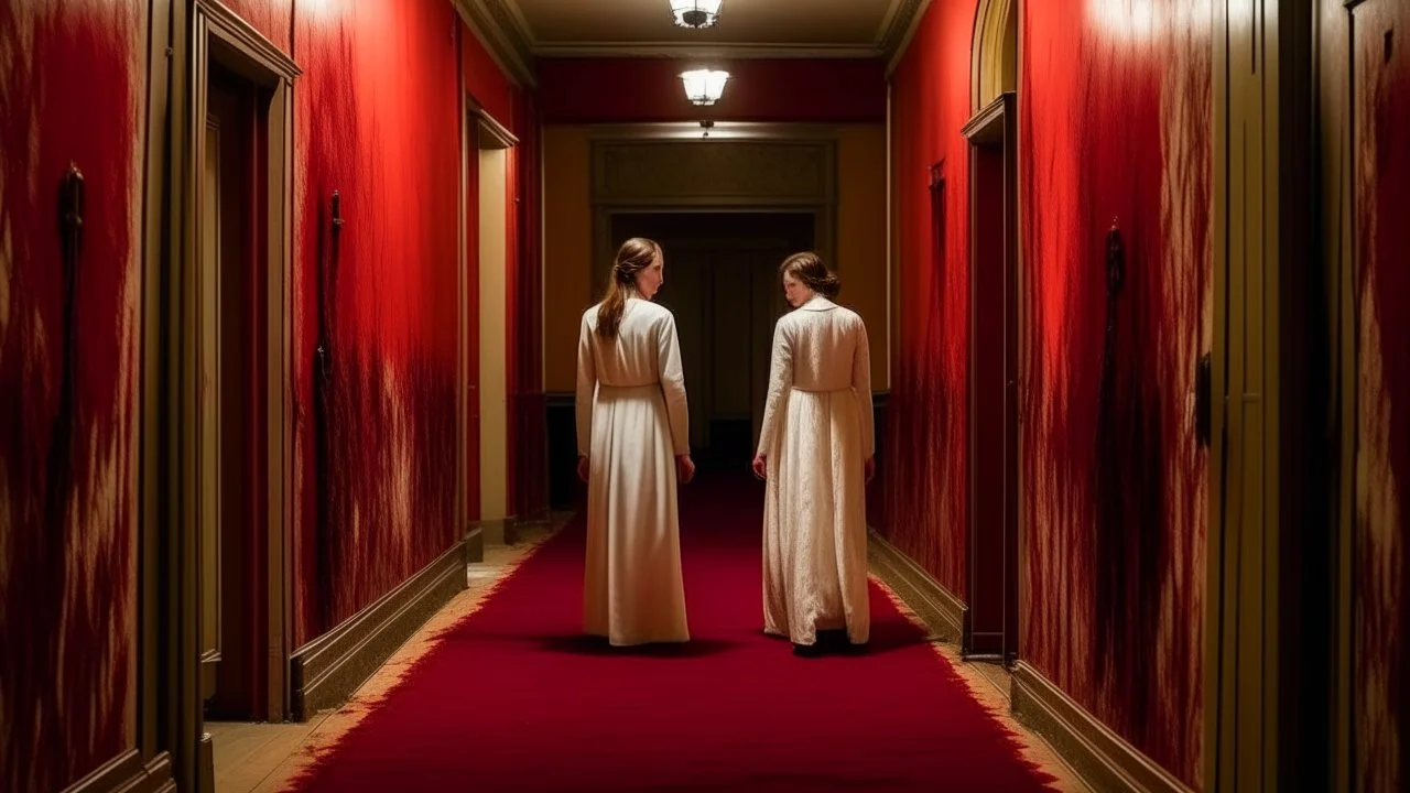 Two people are depicted in a hallway. Both are wearing loose, light-coloured, almost white dresses, with slightly tattered edges, in a loose, romantic style. Their expressions are melancholic, wistful or pensive. They are walking down a red-carpeted hallway; the effect of the carpet is soft, deep red. The hallway is lined with light brownish-green walls and doors. A large, wilted sunflower rests on the stairs, its head down, its petals a vibrant yellow, contrasting with the dark-hued, almost bla