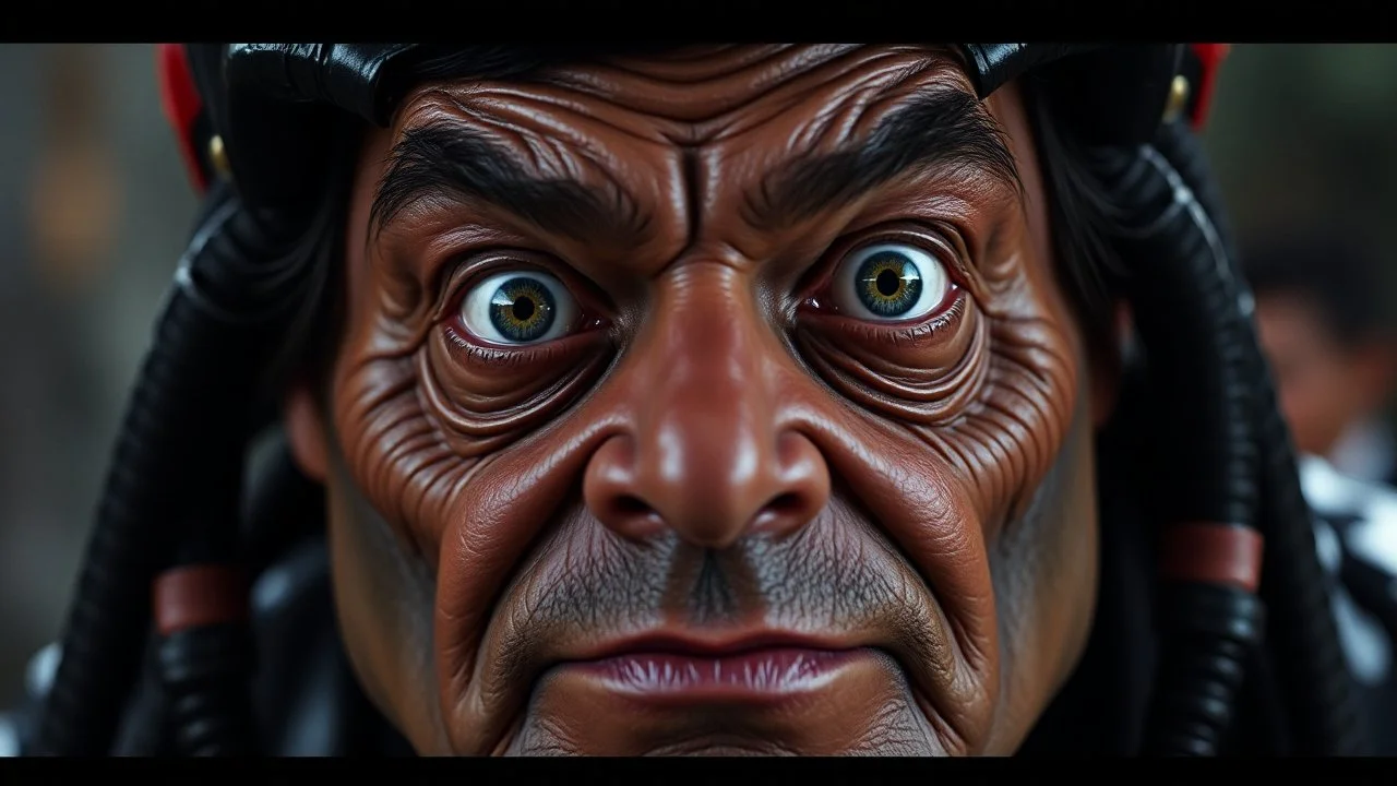 mr bean looking a bit like the predator